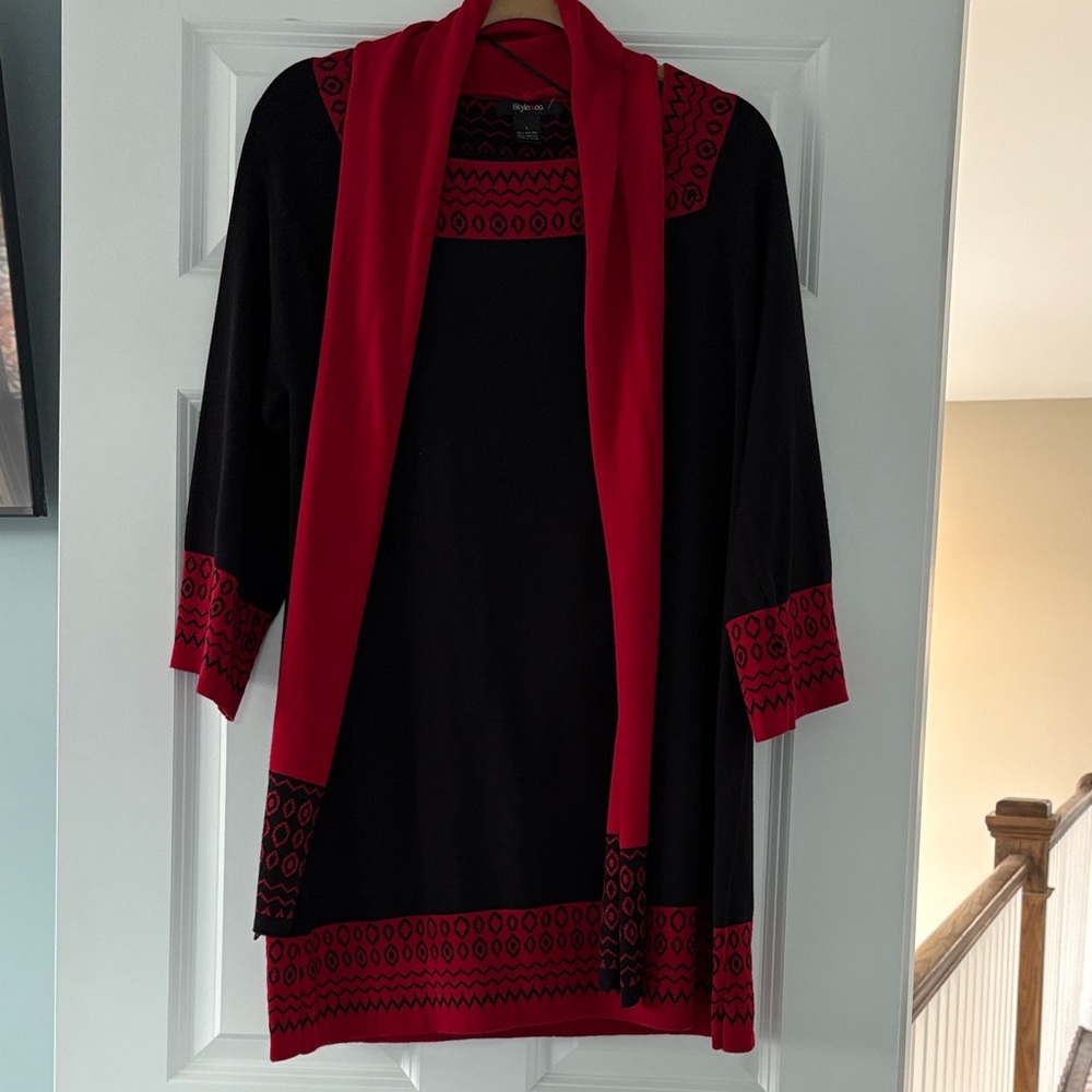 Macy's Black and Red Women's Cardigan with black leggings.
